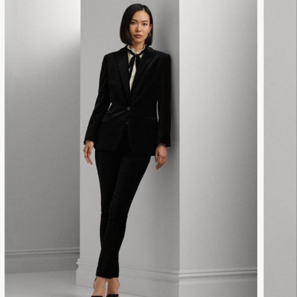$345 Lauren Ralph Lauren Women's Stretch Petite Black Velvet Blazer Size 2P